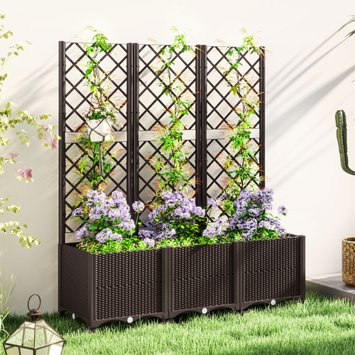 Outsunny Raised Garden Bed with Trellis, Plastic Planter Box with Drainage Holes, Drain Plugs and Water Reservoirs for Climbing Plants, Vegetables, Flowers, Brown