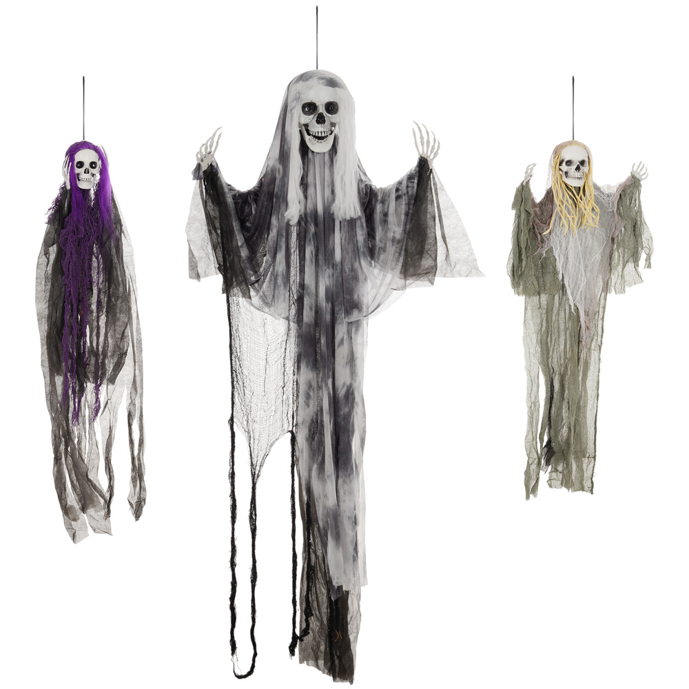 HOMCOM Set of 3 Hanging Skeleton Halloween Decorations, Scary Flying Ghost for Garden, Party, 90/110/170cm
