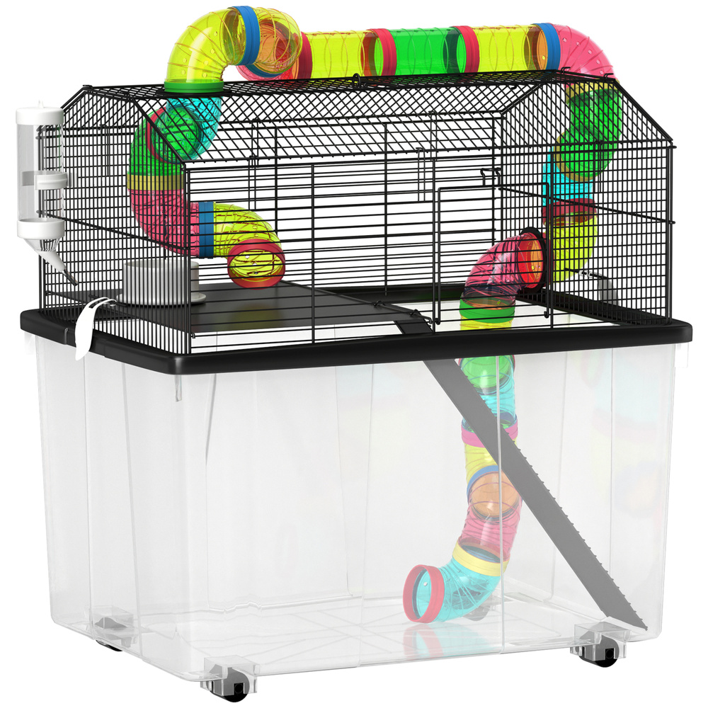 PawHut Two-Tier Hamster Cage with 31cm Deep Tray, Tube System, Water Bottle, Ramp, Feeding Bowl, Multicoloured
