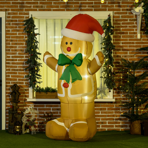 HOMCOM 6ft Christmas Inflatable Gingerbread Man & Santa Hat Safe Outdoor Decoration w/ Accessories