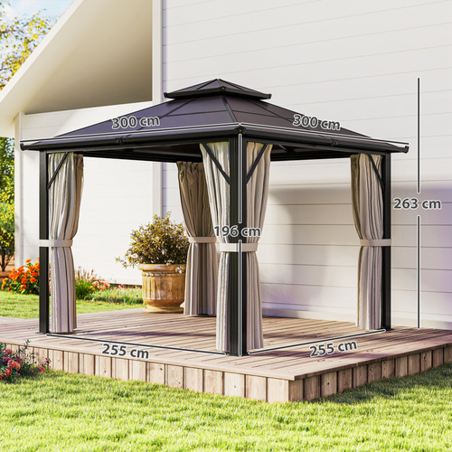 Outsunny 3 x 3(m) Hardtop Gazebo Canopy with UPF30+ Double Polycarbonate Roof, Aluminium Frame Garden Gazebo Permanent Pavilion with Mosquito Netting and Curtains for Patio, Deck, Beige