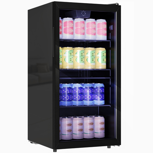 HOMCOM 93L Drinks Fridge, 115 Can Freestanding Beer Fridge with Glass Door, Adjustable Shelves, LED Light, for Beer Soda, Black