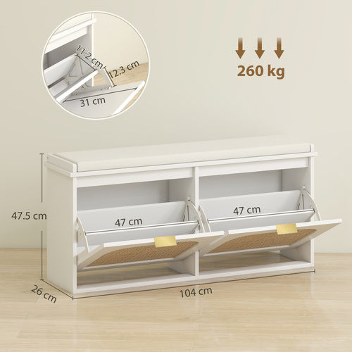 HOMCOM Boho Shoe Bench with Padded Seat and 2 Flip-Drawers - White
