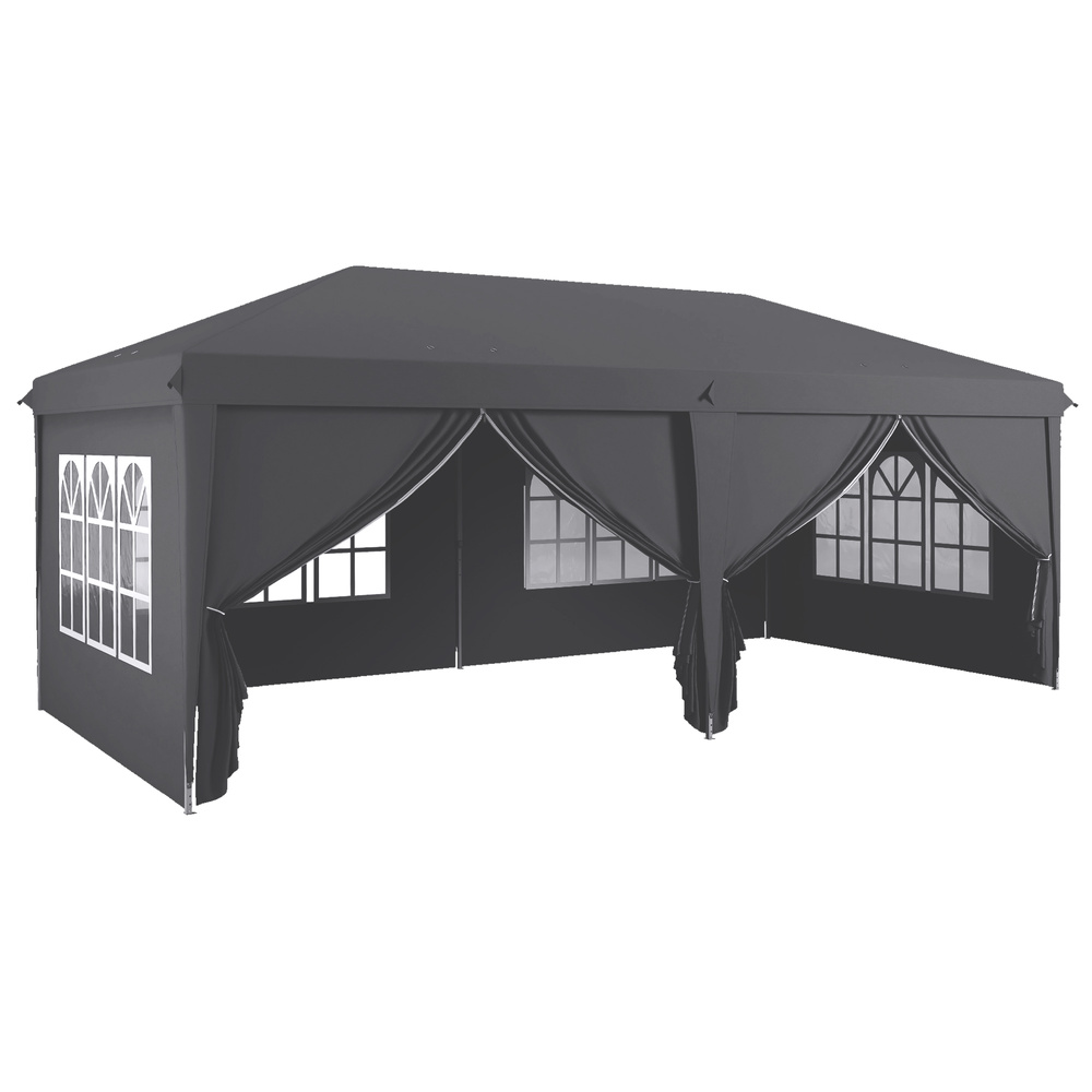 Outsunny Outsunny 3 x 6 m Garden Pop Up Gazebo, Wedding Party Tent Marquee, Water Resistant Awning Canopy with Sidewalls, Windows, Carry Bag, Grey