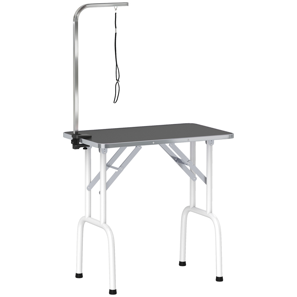 PawHut 32" Foldable Dog Grooming Table Pet Drying Beauty Table Adjustable Fixed Arm Rubber Top, Black
