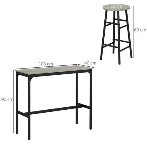 HOMCOM 3 Piece Bar Table Set with 2 Stools, Industrial Bar Table and Stool Set, Dining Table and Chair Set, Grey