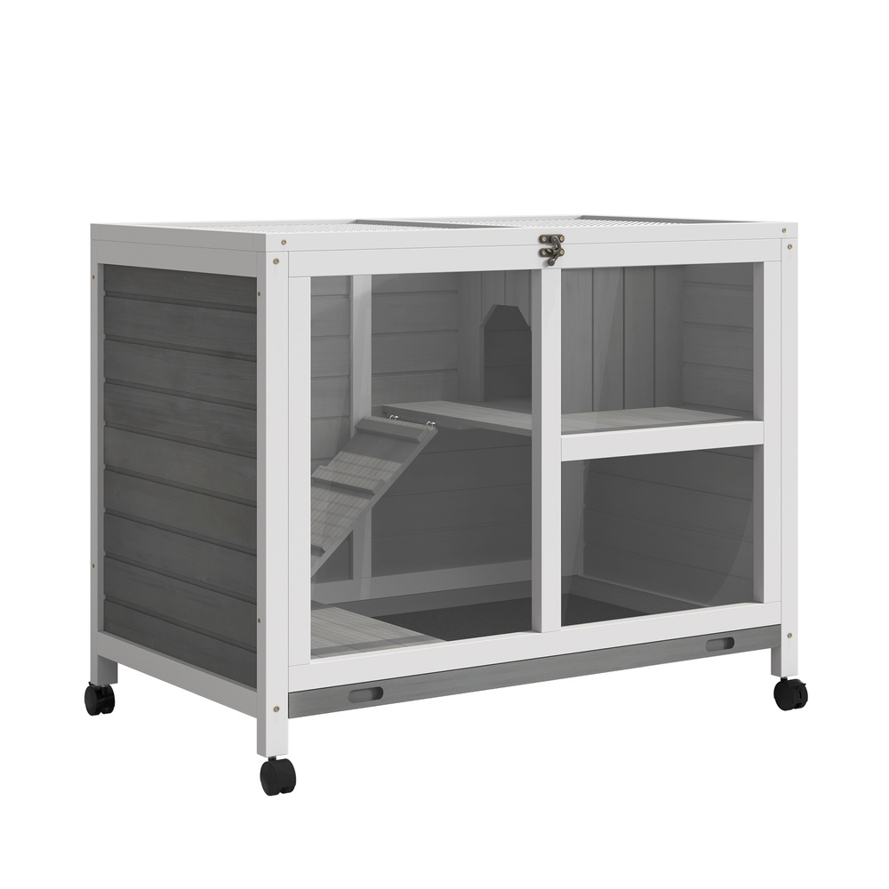 PawHut Wooden Rabbit Hutch Indoor with Wheels, Openable Roof, 91.5 x 53.3 x 73 cm, Grey