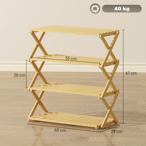 HOMCOM Four-Tier Folding Bamboo Shoe Rack - Natural Finish