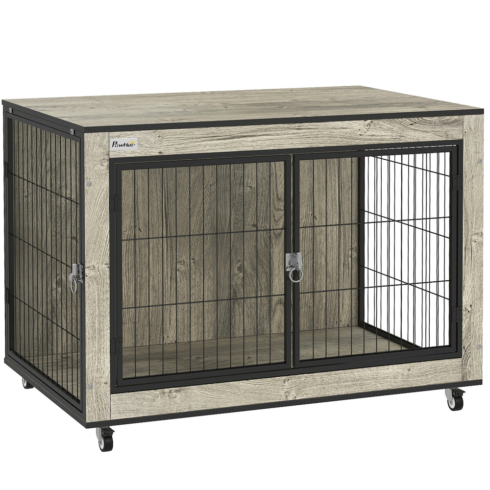 PawHut Dog Crate Furniture with Wheels, Double Doors, for Medium Dogs, Grey