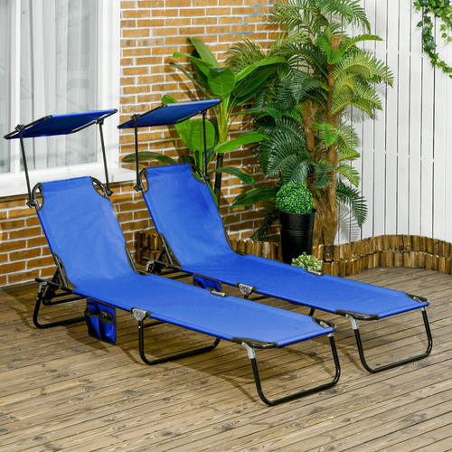Outsunny Set of Two Folding Sun Loungers, with Adjustable Backs and Sun Canopies - Blue