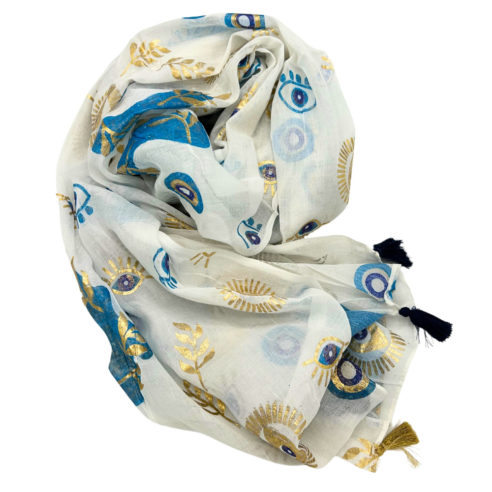 Nomad Sari Pareo – White, Blue & Gold Evil Eye Print