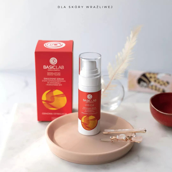BasicLab Emulsyjne Serum z 0,3% Czystego Retinolu 3% Witaminą C Koenzymem Q10 Odnowa i Stymulacja  dla Skóry Problematycznej na Noc 30ml