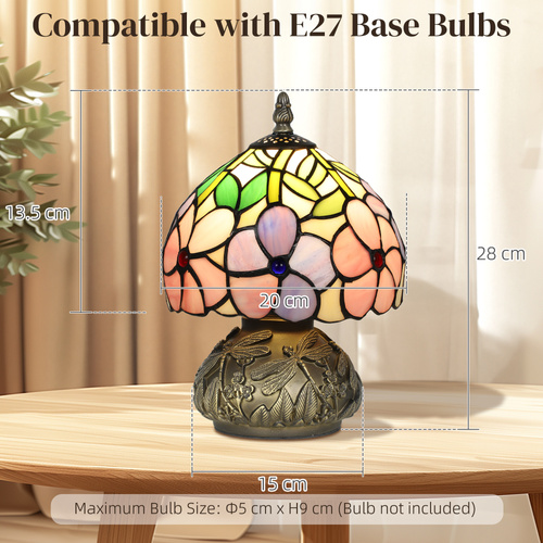 HOMCOM Tiffany-Style Table Lamp with Sculpted Dragonfly Base, Handcrafted Antique Stained Glass Bedside Lamp for Living Room and Bedroom, E27 Socket, Pink