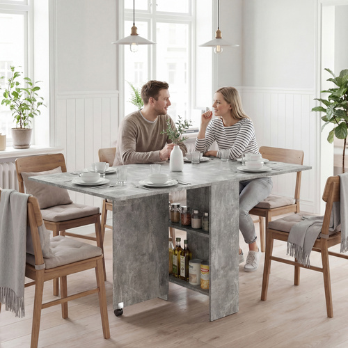 HOMCOM 80-140 cm Folding Dining Table for 4-6 People, Drop Leaf Table with 2-Tier Shelves, Rolling Casters, for Small Spaces, Kitchen, Flat, Dining Room, Cement Grey