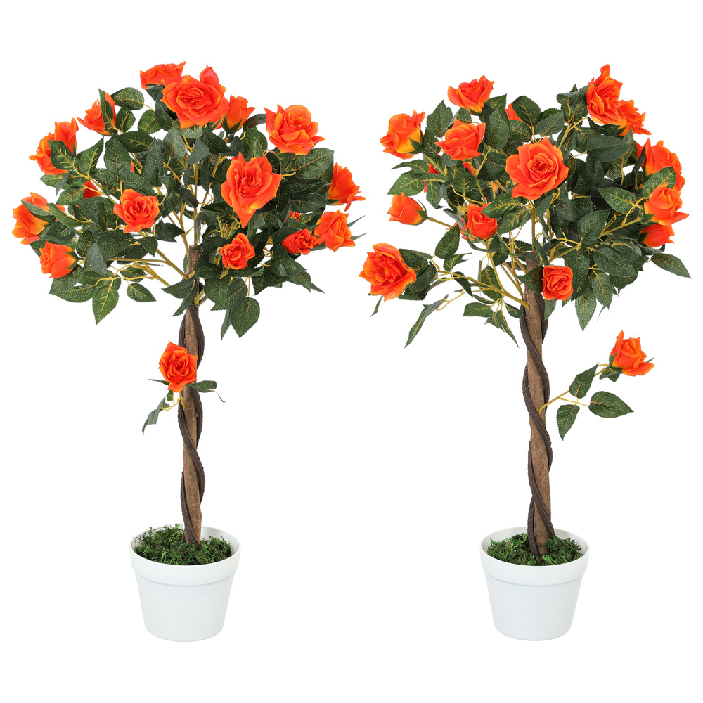 Outsunny Set of 2 Artificial Plants White Rose Floral in Pot, Fake Plants for Home Indoor Decor, 90cm, Orange