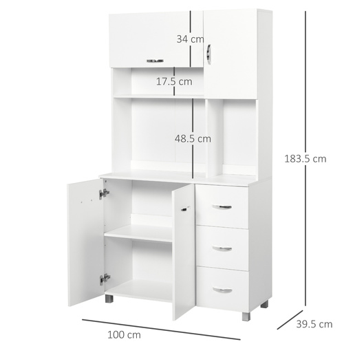 HOMCOM Kitchen Cupboard, 183cm Tall Storage Cabinet with Countertop, Sideboard with 3 Small Drawers, Flip Up Top Door, 3 Cabinet Doors and Open Shelves, 100W x 39.5D x 183.5H cm, White