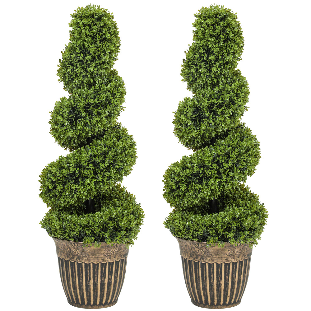 HOMCOM Set of 2 Artificial Plants, Topiary Spiral Boxwood Trees with Pot, for Home Indoor Outdoor Decor, 90cm