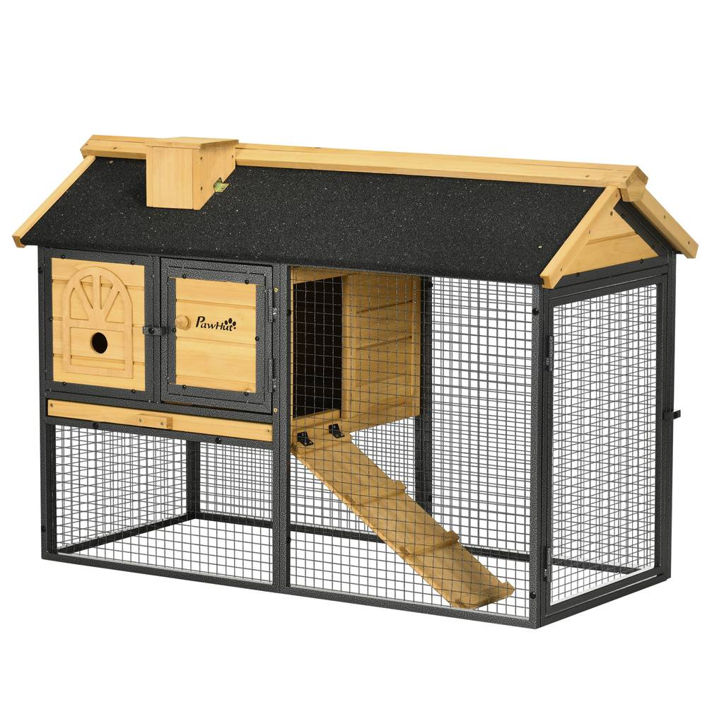 PawHut Outdoor Rabbit Hutch, with Run, Removable Tray, Asphalt Roof, 120 x 55.5 x 80cm