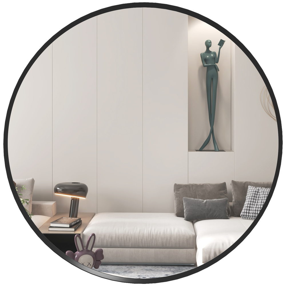 HOMCOM 61cm Decorative Wall Mirror for Bedroom Living Room, Modern Round Bathroom Mirror for Home Decor, Black