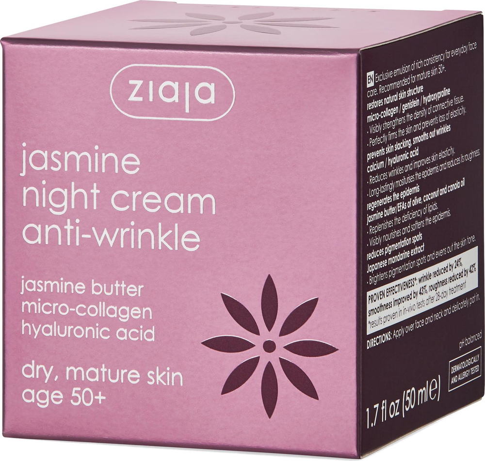 Ziaja Jaśmin Krem przeciw Zmarszczkom 50+ z Kwasem Hialuronowym dla Skóry Dojrzałej na Noc Vegan 50ml