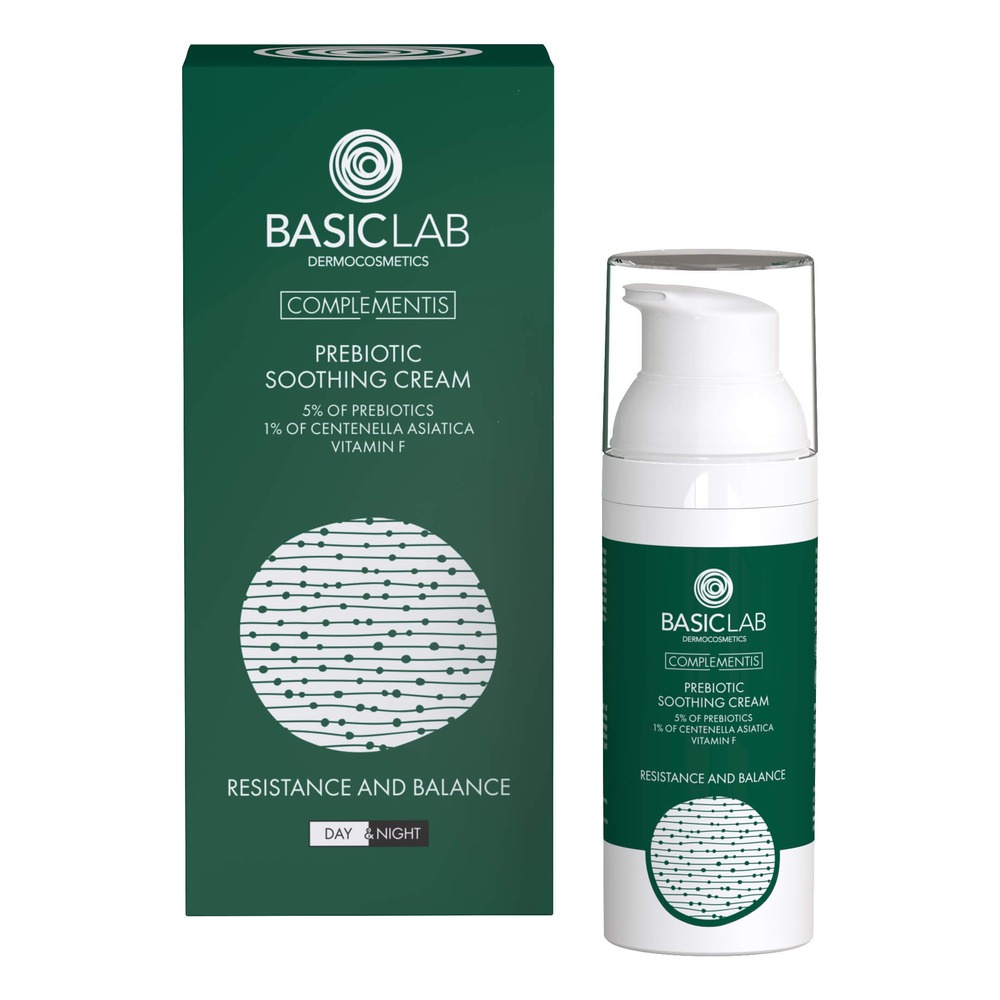 BasicLab Prebiotic Light Calming Cream with 5% Prebiotics 1% Centella Asiatica and Vitamin F Strengthening and Balancing for Problematic Skin Day and Night 50ml