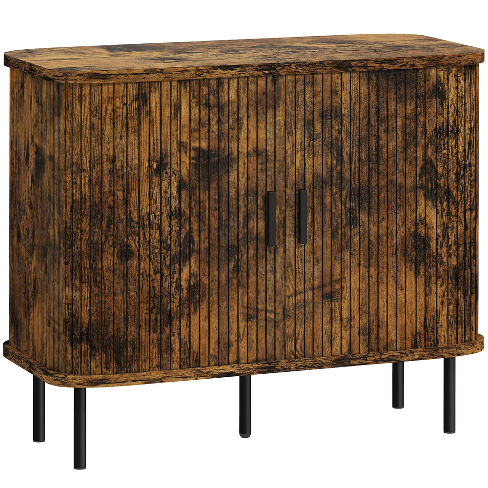HOMCOM Mid-Century Modern Sideboard Storage Cabinet with Slatted Tambour Sliding Doors, Kitchen Cabinet with Steel Legs, Rustic Brown