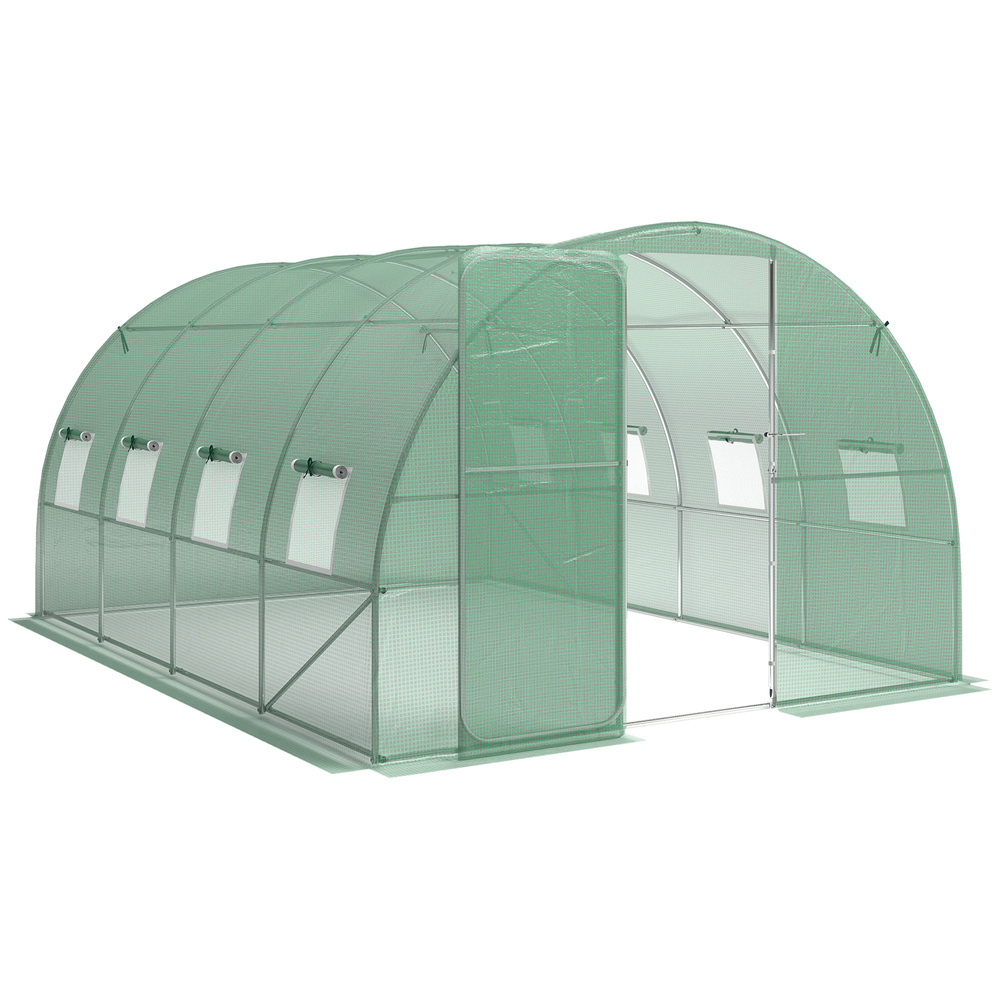 Outsunny 3 x 4 m Walk-in Polytunnel Greenhouse with Hinged Door and 8 Roll Up Mesh Windows, Garden Tunnel Warm House Tent, Green
