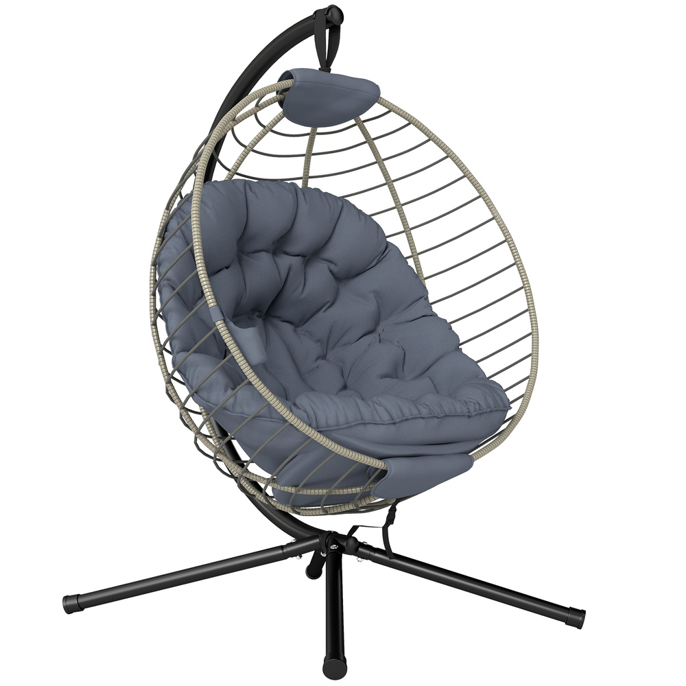 Outsunny PE Rattan Swing Chair, Outdoor Hanging Chair with Metal Stand, Thick Padded Cushion, Foldable Basket and Cup Holder, for Indoor and Outdoor, Grey