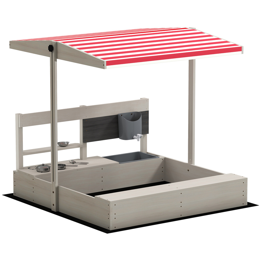 Outsunny Kids Wooden Sandbox w/ Canopy, Kitchen Toys, Seat, Storage, for Ages 3-7 Years