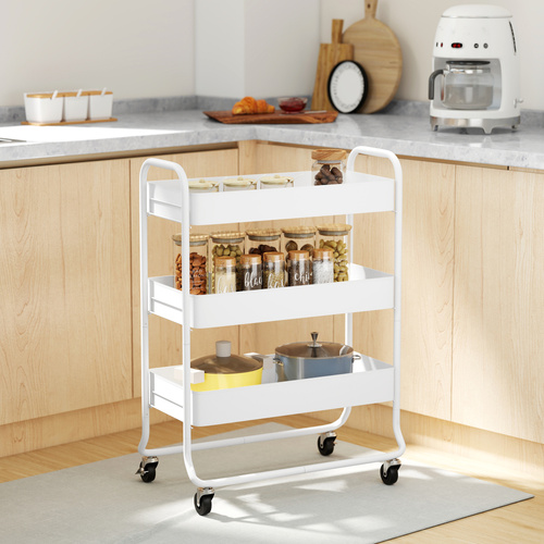 HOMCOM 3-Tier Storage Trolley on Wheels, Rolling Utility Cart with Mesh Backets for Kitchen, Bathroom, Bedroom, White