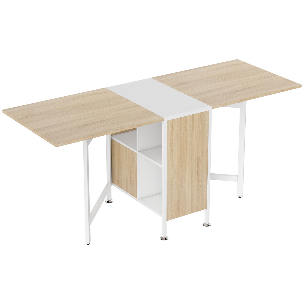 HOMCOM Foldable Drop Leaf Dining Table Folding Workstation for Small Space with Storage Shelves Cubes Oak & White