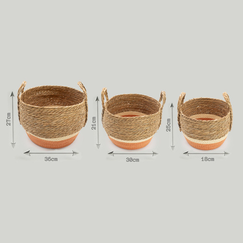 Straw & Seagrass Large Baskets - Natural & Orange- Set of 3