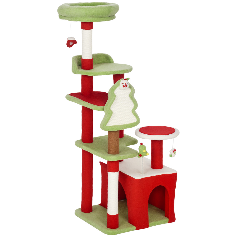 PawHut Cat Tree, 120cm Christmas Cat Tower with 3 Scratching Posts, Scratching Board, 2 Perches, Platforms, Toys, Green