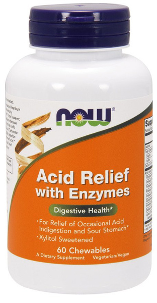 NOW Foods Acid Relief with Enzymes na Okazjonalną Niestrawność i Zgagę 60 Tabletek do Żucia