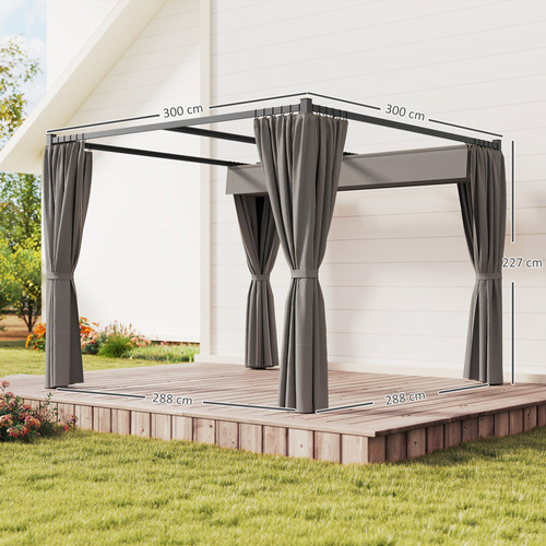 Outsunny 3 x 3m Moving Canopy Metal Pergola, with Curtains - Grey