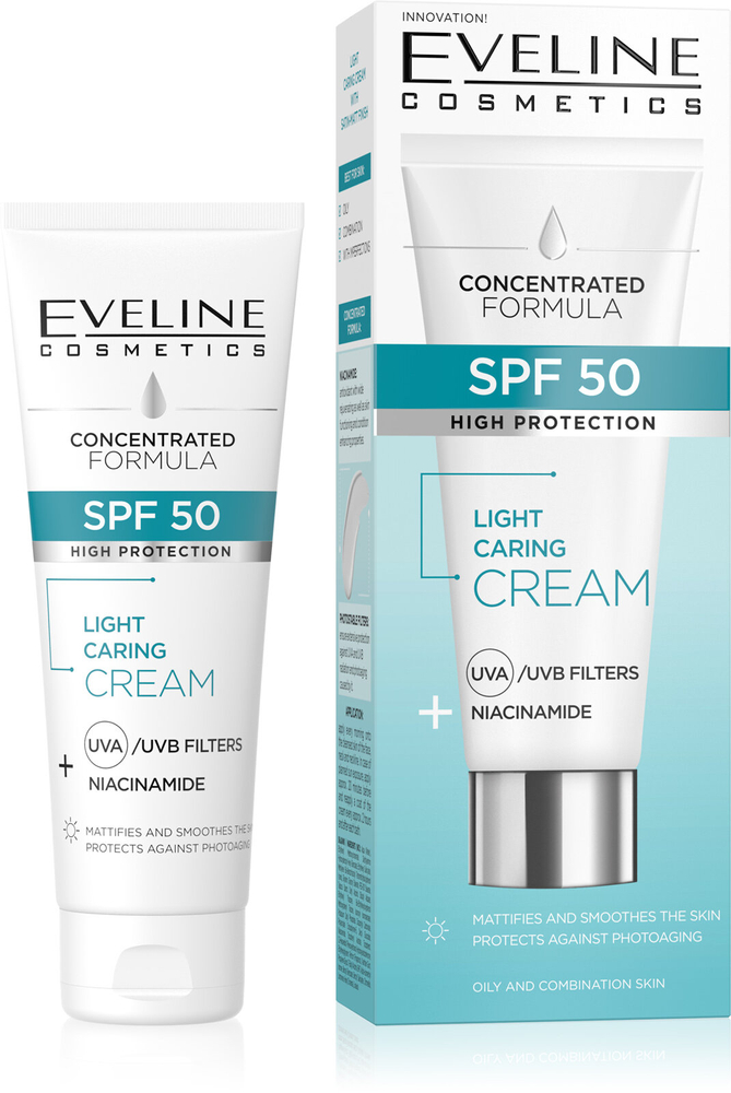 Eveline Skoncentrowana Formuła Lekki Krem Pielęgnujący z SPF50 Wysoka Ochrona dla Skóry Tłustej i Mieszanej 30ml