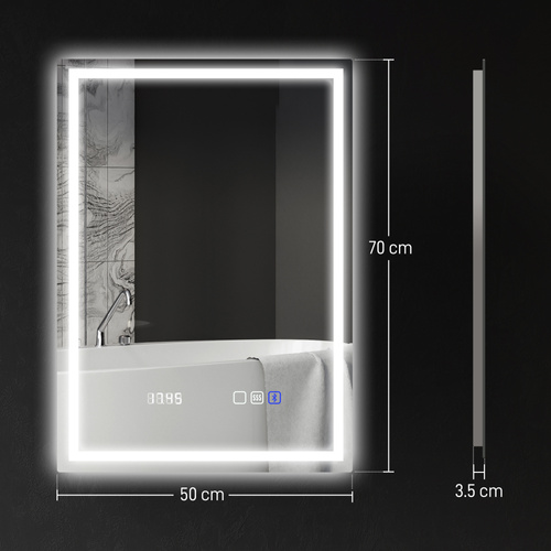 HOMCOM 50 x 70 cm Anti-Fog LED Bathroom Mirror, with Bluetooth and Clock - Silver Tone