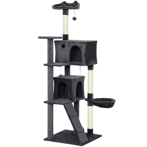 PawHut 180cm Large Cat Tree Tower with Sisal Scratching Posts, Condos, Plush Perches, Hammock, Ladder, Dark Grey