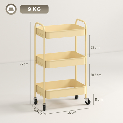 HOMCOM Three-Tier Steel Storage Trolley - Yellow