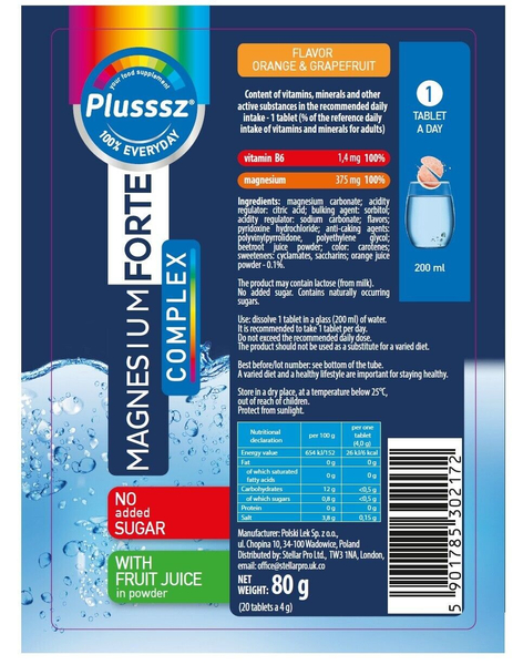 Plusssz Magnesium Forte Complex Vitamin B6 na Stres Wzmocnienie Mięśni Tabletki Musujące 20 Sztuk