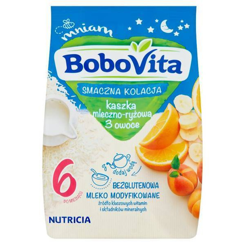 BoboVita Smaczna Kolacja Kaszka Mleczno Ryżowa 3 Owoce dla Niemowląt po 6 Miesiącu 230g