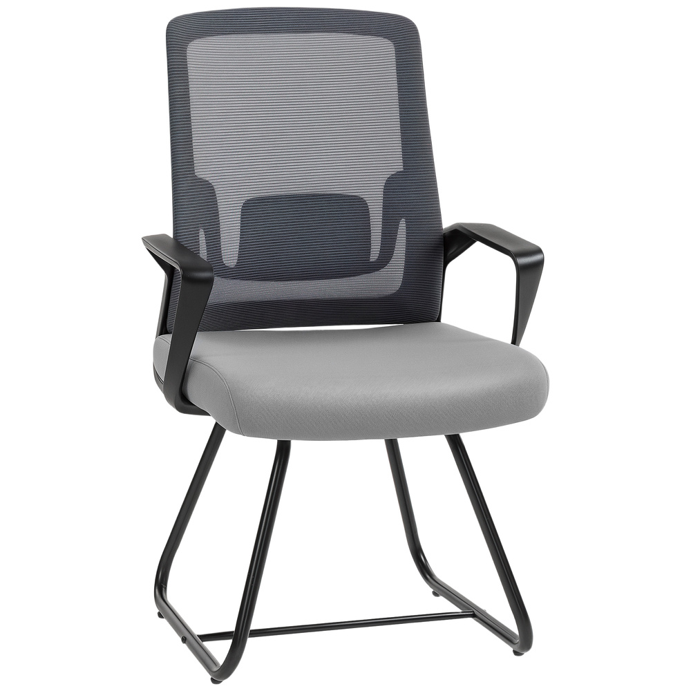 HOMCOM Desk Chair No Wheels, Office Chair with Mesh Back, Lumbar Support, Metal Base for Waiting Room, Conference Room, Dark Grey