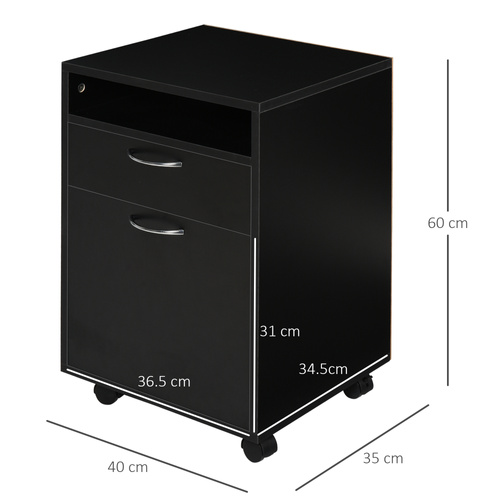 HOMCOM Filing Cabinet, Mobile File Cabinet with 2 Drawers, Office Home Organiser on Wheels for A4, Letter-Size File Folders, Mobile Printer with Open Shelf, Black