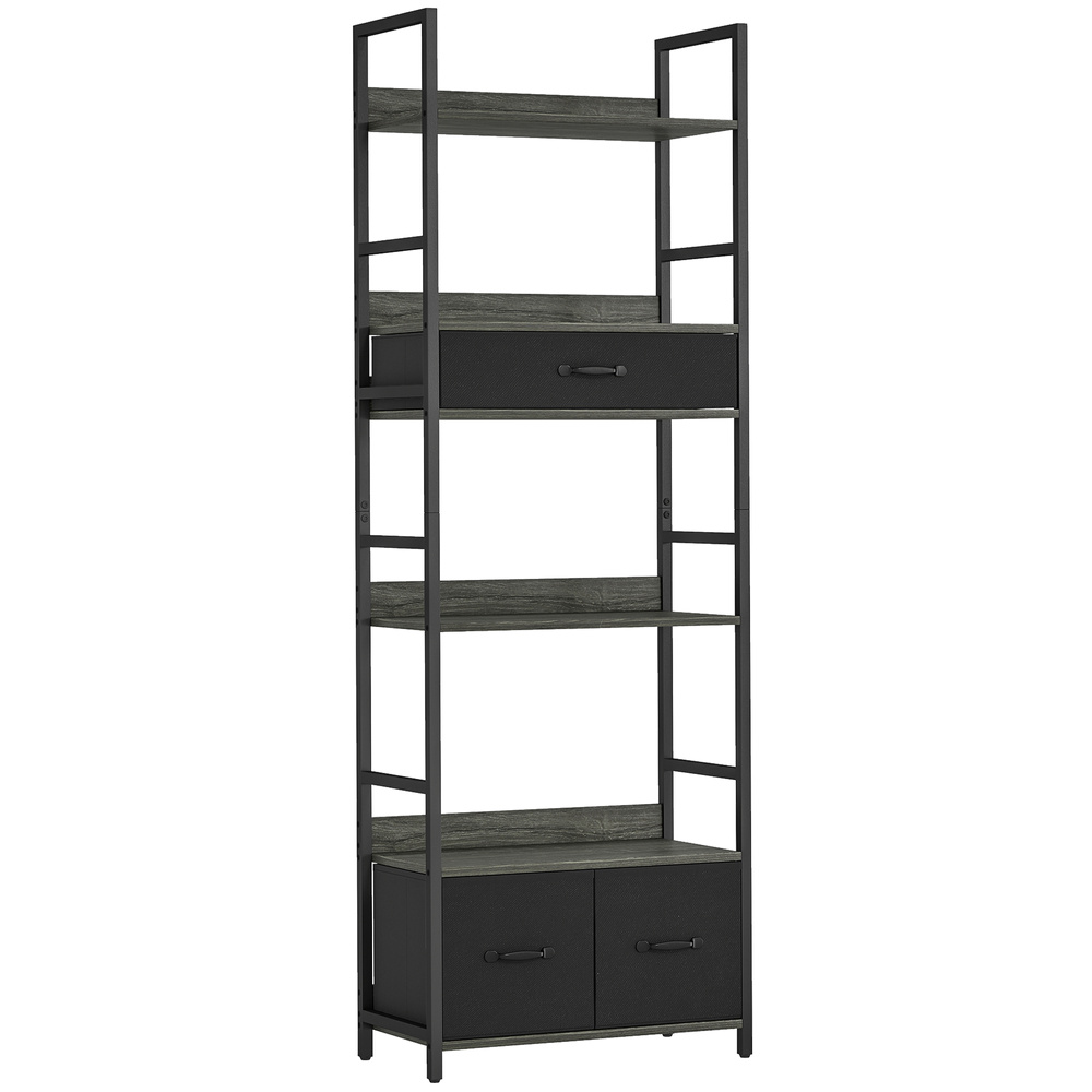 HOMCOM Industrial Style Bookcase, with 4 Shelves and 3 Fabric Drawers - Grey/Black