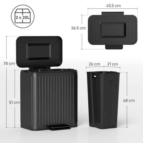 HOMCOM 40L Dual Compartment Rubbish Bin, with Soft-Close Lid - Black
