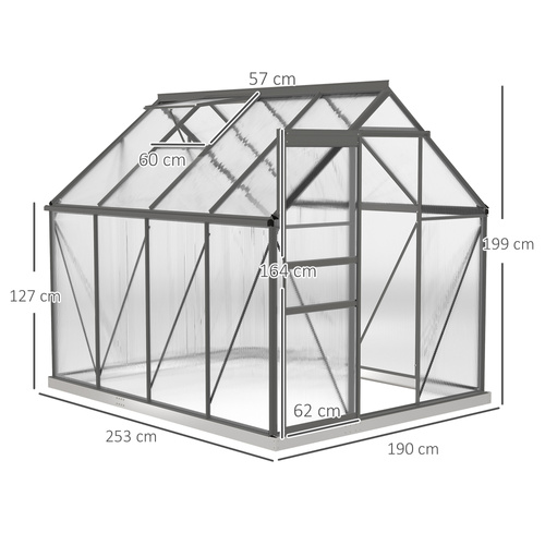Outsunny 190 x 253 cm Walk-In Polycarbonate Greenhouse - Dark Grey