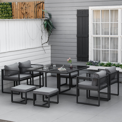 Outsunny Nine-Piece Aluminium Garden Set, with Glass-Top Table - Grey