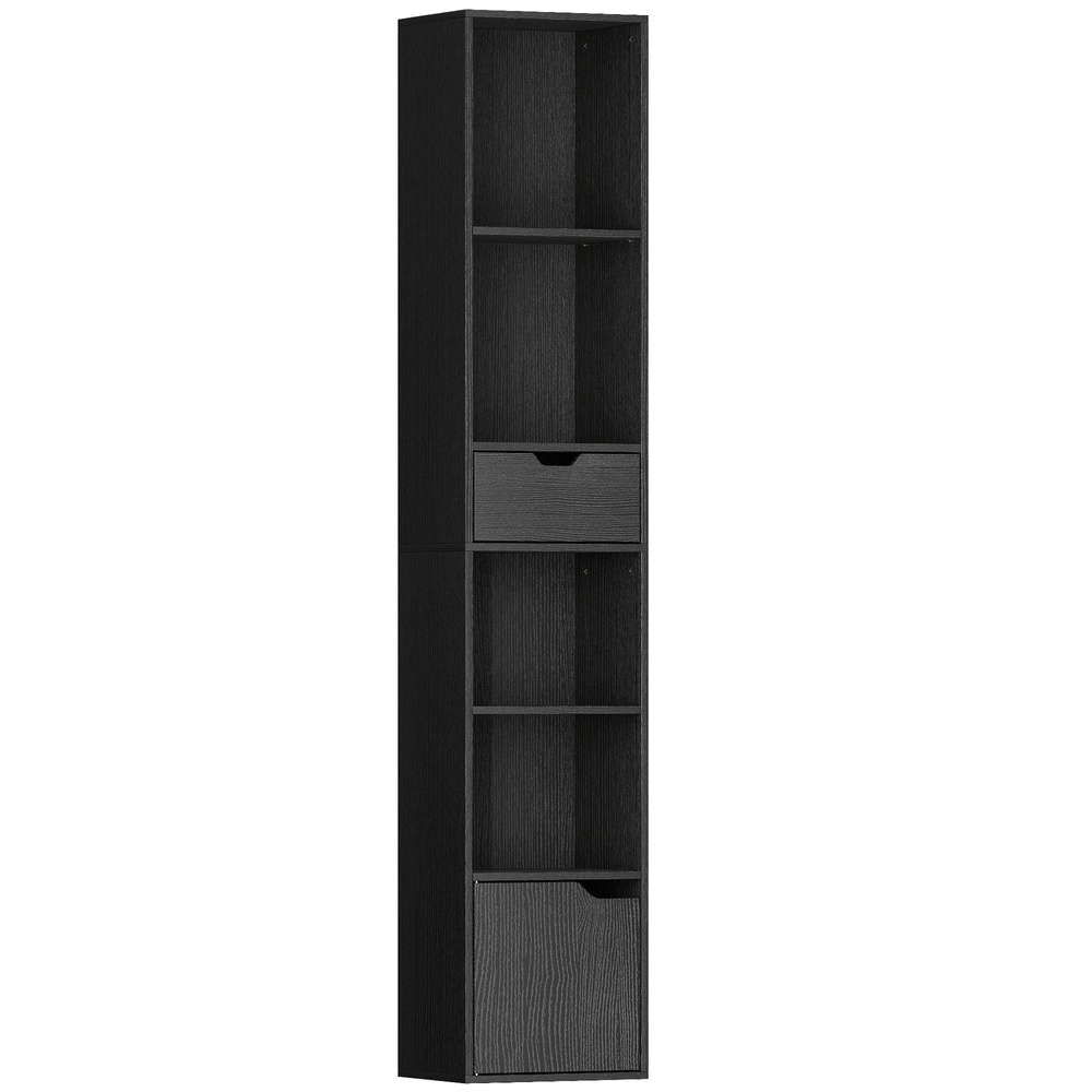 HOMCOM 6-Tier Bookcase, Tall Narrow Bookshelf with Drawer and Door - Black