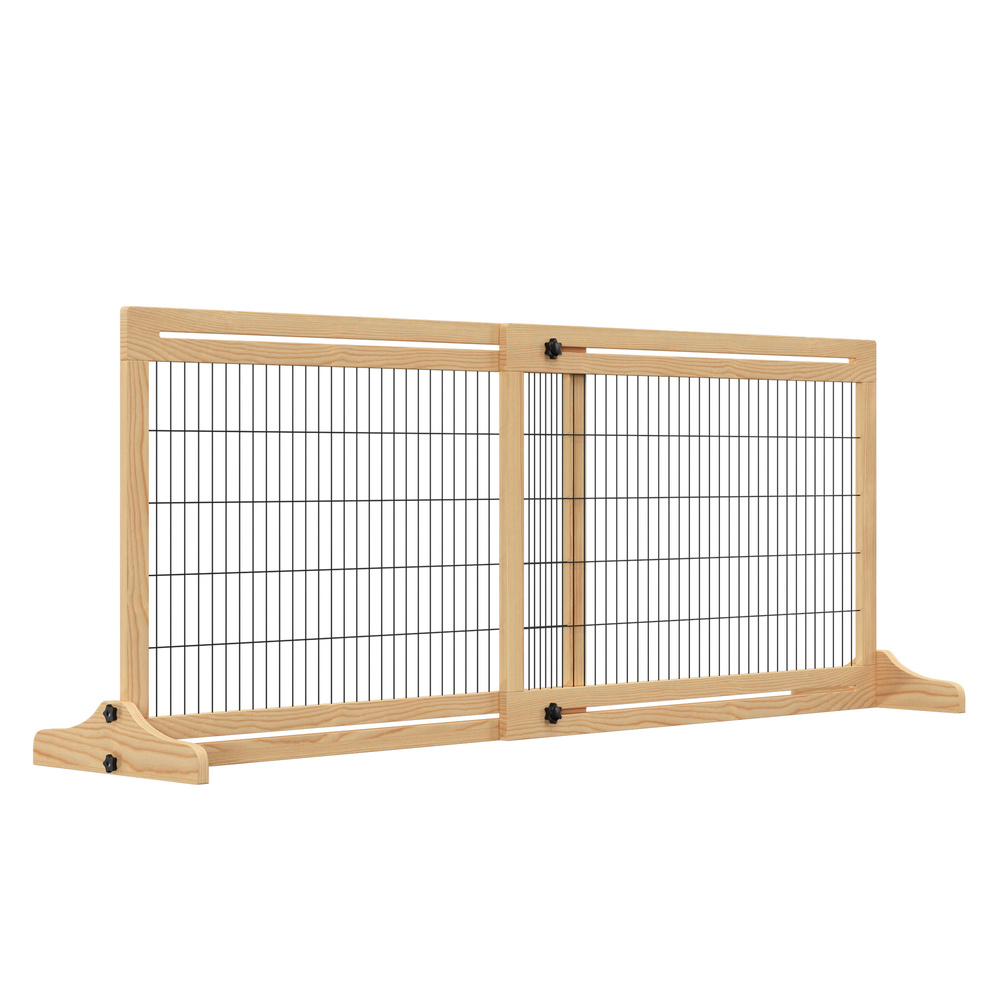 PawHut Freestanding Dog Gate, Foldable Pet Fence, Indoor Wood Barrier, Stair Gate with Support Feet, for Doorway, Hallway, Small and Medium Dogs, 69H x 104-180 cm, Natural Wood Finish