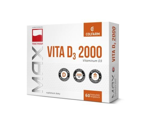 Colfarm Max Vita D3 2000 dla Prawidłowej Budowy Kości Zębów i Układu Odpornościowego 60 Tabletek Best Before 31.01.26